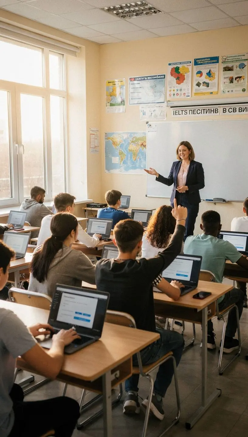 Teacher explaining IELTS writing strategies using a whiteboard in a classroom setting.