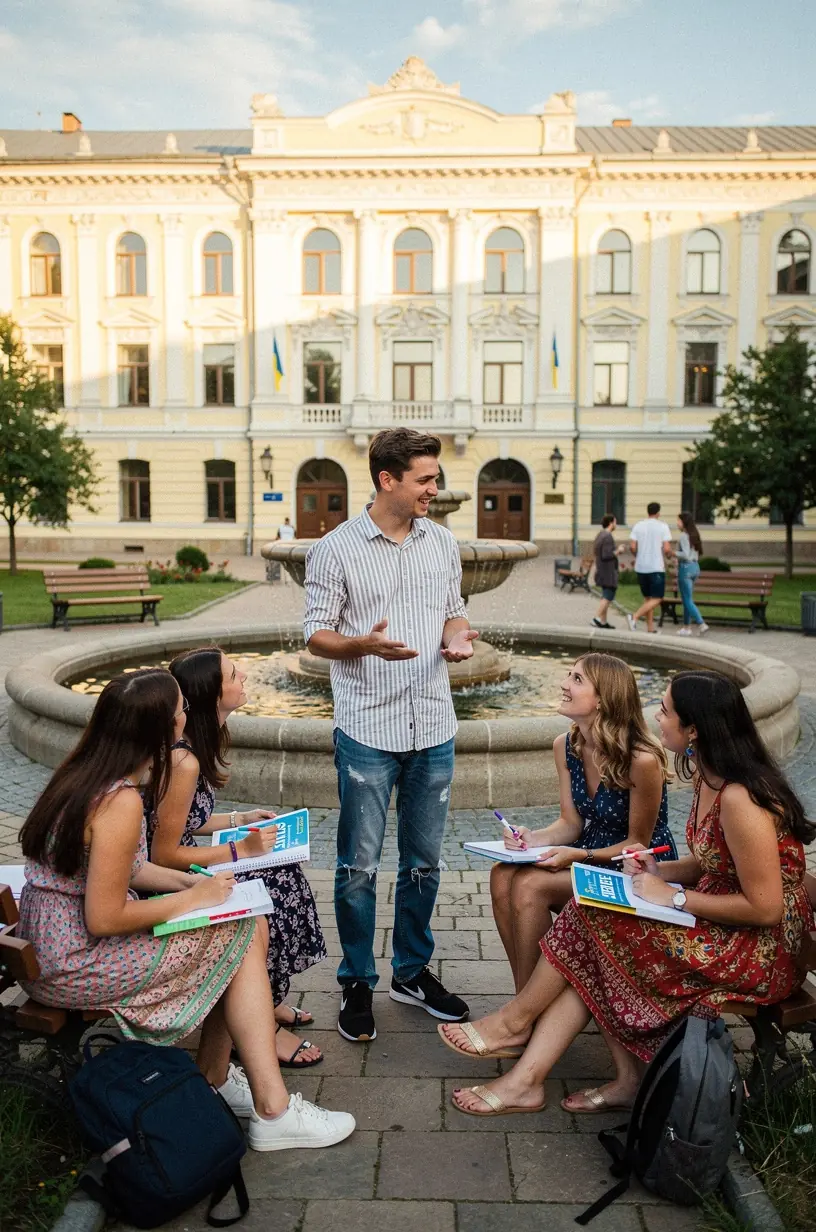 Group of diverse students practicing speaking skills during an online TOEFL preparation session.